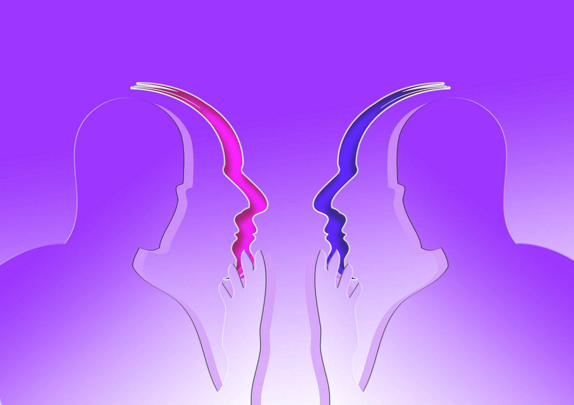 Zu sehen ist eine abstrakte Grafik mit zwei Silhouetten, die sich gegenüber sitzen, so als würden sie sich unterhalten. Die Grafik ist in den Farben der bisexuellen Pride-Flagge gehalten.